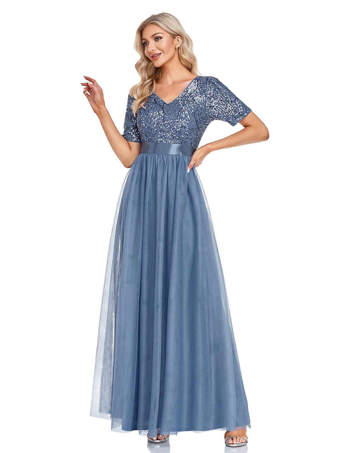 A-Linie Abendkleid Elegantes Kleid für Hochzeitsgäste Bodenlang Kurzarm V-Ausschnitt Tüll mit Paillettenspleiß